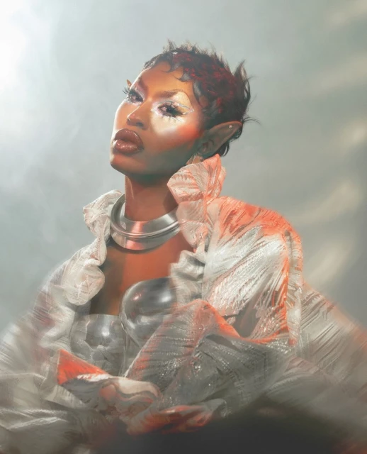 Portrait of a person with silver makeup and elf ears wearing a ruffled silver top and necklace against a cloudy background.