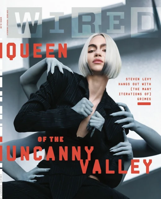 Wired magazine cover featuring a woman with platinum blonde hair, dark roots, and a pinstripe jacket surrounded by ghostly, pale arms.
