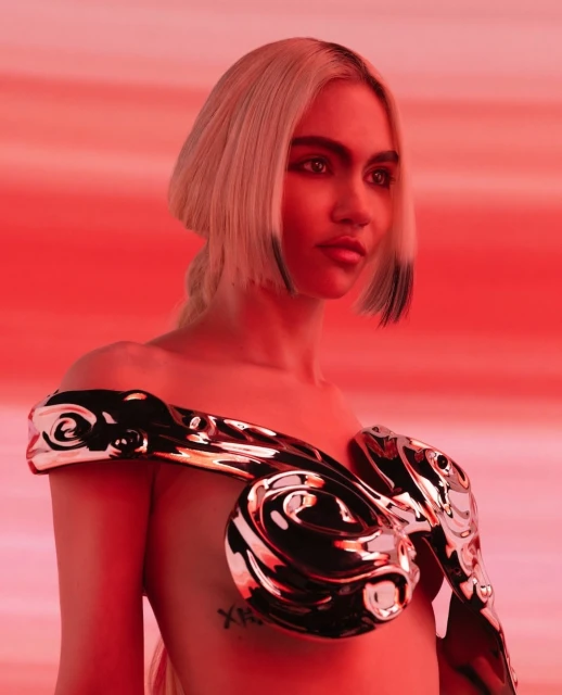 Portrait of a woman with platinum blonde hair wearing a silver, sculptural chest piece against a graduated red background.