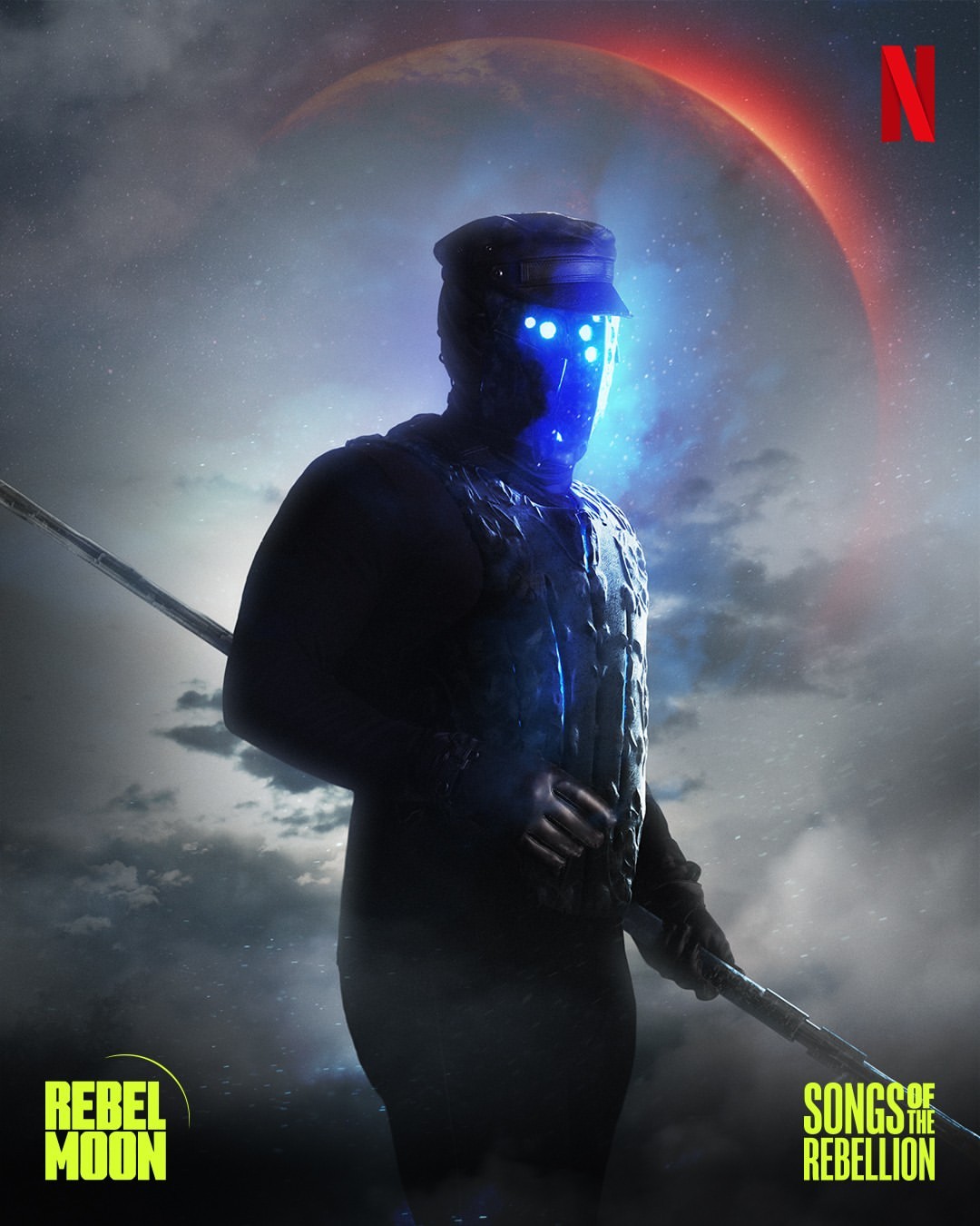 Movie poster for Rebel Moon: Songs of the Rebellion features a person in a futuristic military uniform against a cloudy, ominous sky.