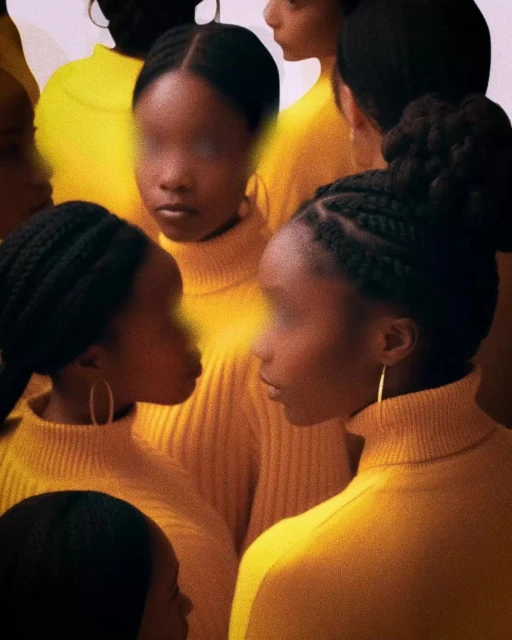Group of Black women in yellow turtlenecks stand close together in an indoor setting, showcasing fashion and unity.
