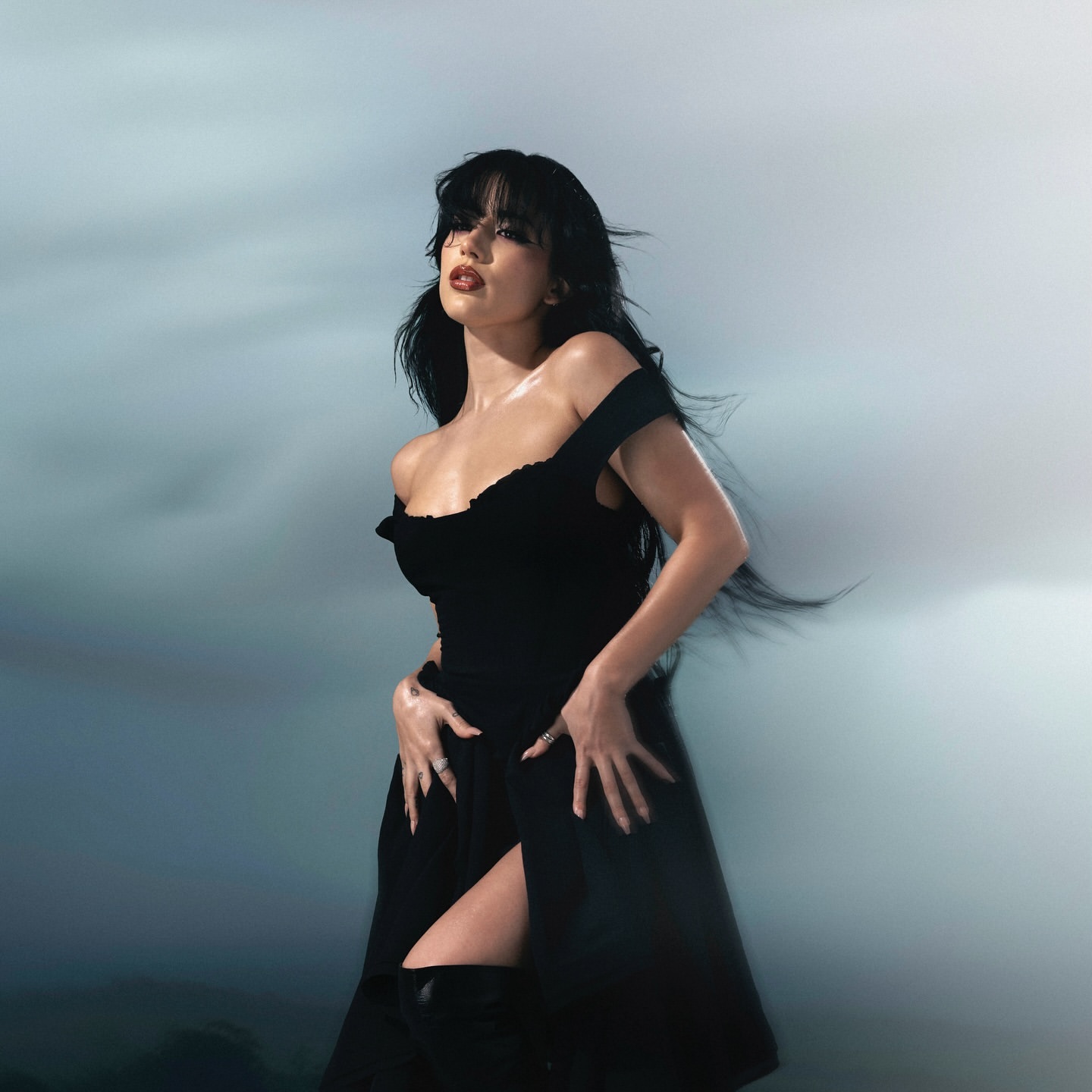 Woman with long dark hair wearing a black dress posing against an overcast sky