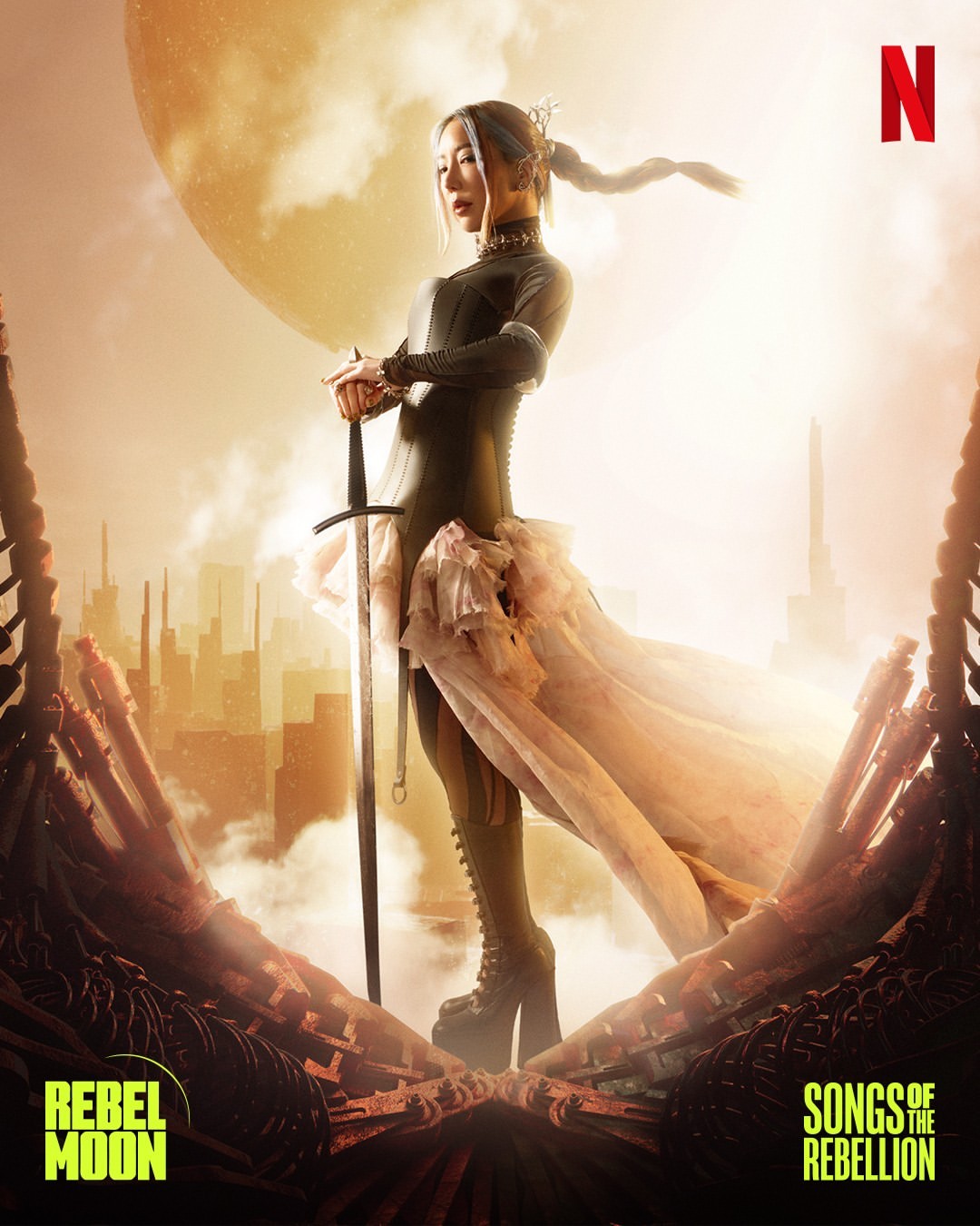 Dramatic poster for Netflix's Rebel Moon movie featuring a female warrior holding a sword in a gritty, futuristic cityscape with a large moon.