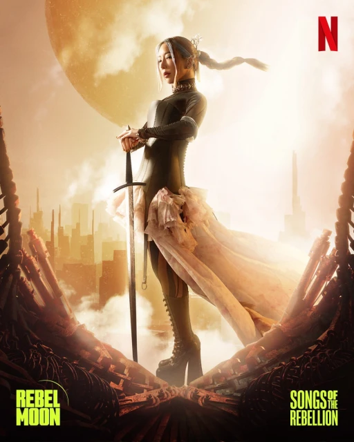 Dramatic poster for Netflix's Rebel Moon movie featuring a female warrior holding a sword in a gritty, futuristic cityscape with a large moon.