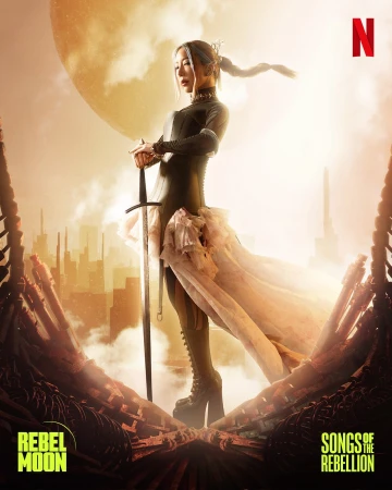 Dramatic poster for Netflix's Rebel Moon movie featuring a female warrior holding a sword in a gritty, futuristic cityscape with a large moon.