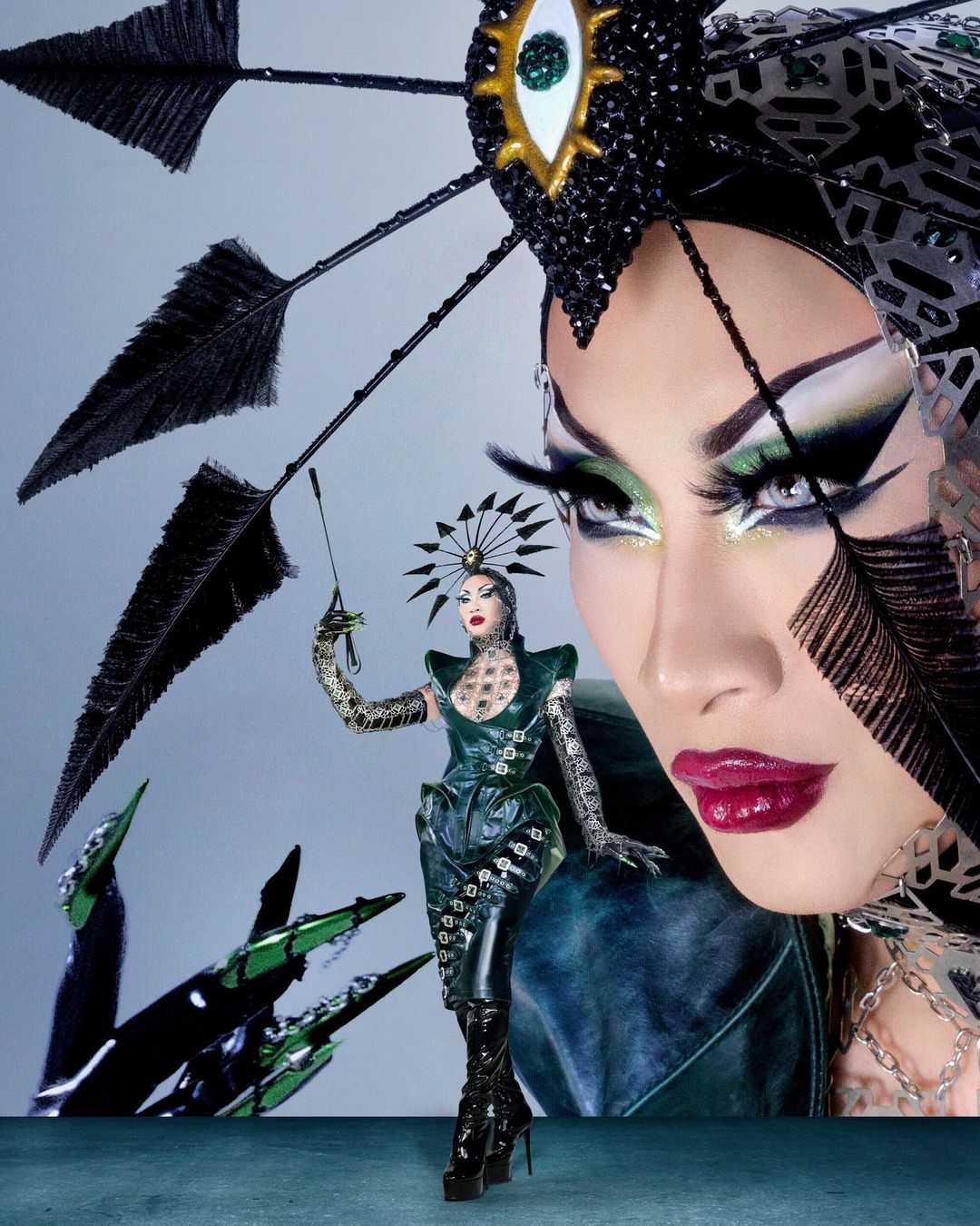 Close-up of a drag queen in dramatic makeup and a jewel-encrusted headdress with feathers, alongside a smaller full-body shot of the same person.