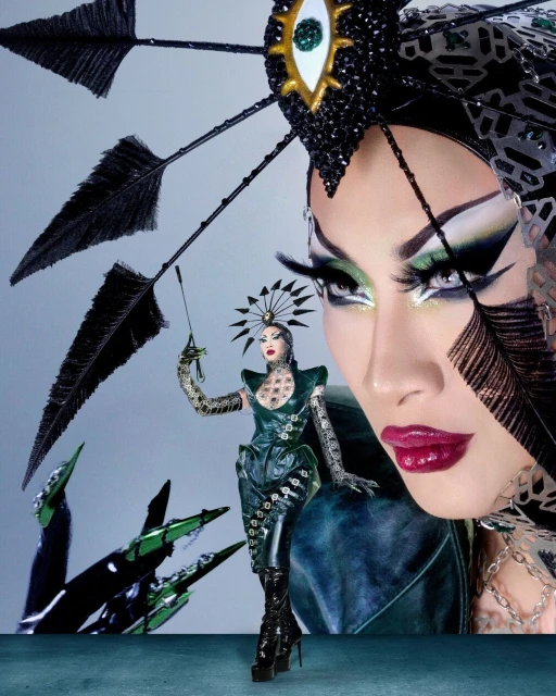 Close-up of a drag queen in dramatic makeup and a jewel-encrusted headdress with feathers, alongside a smaller full-body shot of the same person.