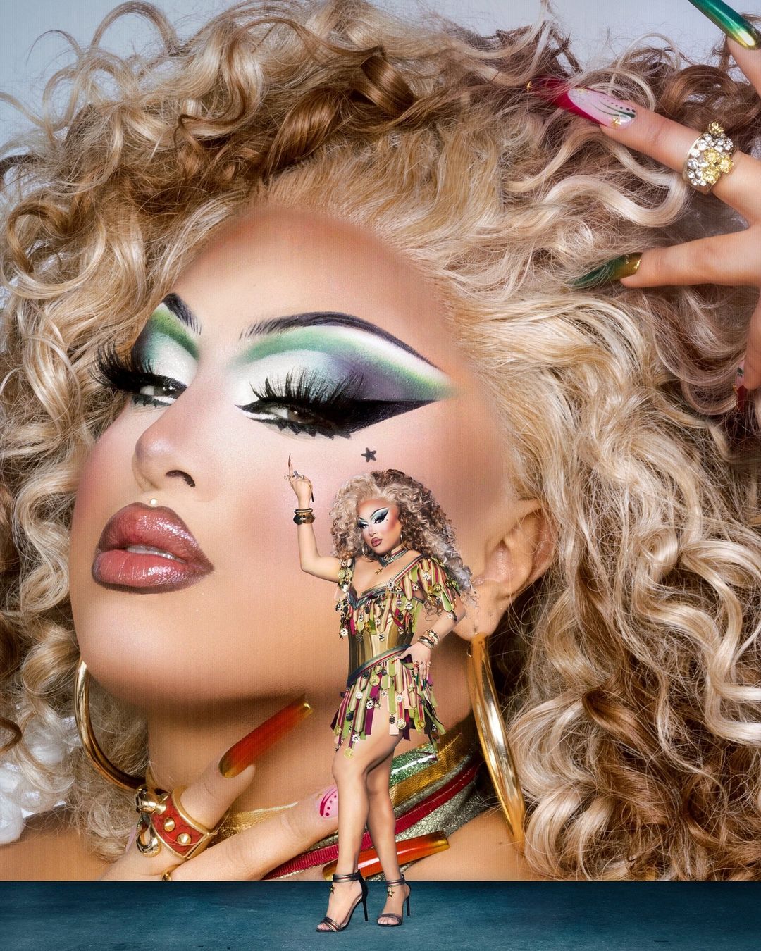 Close-up of a drag queen's face with curly blonde hair, dramatic makeup, and long nails, plus a full-body, smaller version of her.