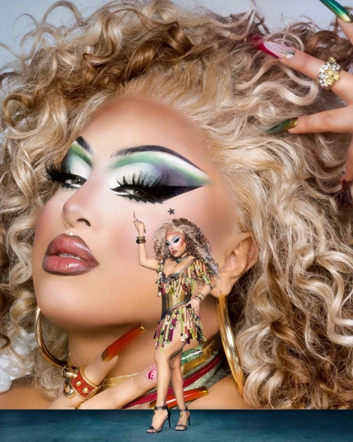 Close-up of a drag queen's face with curly blonde hair, dramatic makeup, and long nails, plus a full-body, smaller version of her.