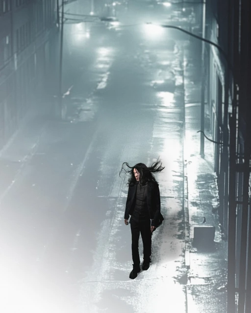 Adult male with long dark hair walks along wet urban alley at night, under streetlights, wearing dark jacket and pants in the fog.