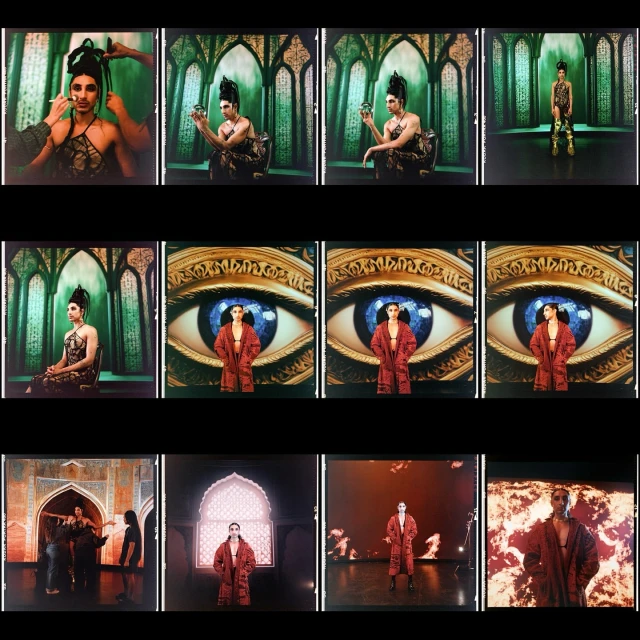 Compilation of photos featuring a person in elaborate costume and makeup, in settings with ornate architecture and dramatic lighting.