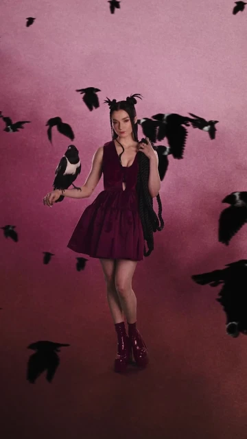 Woman in a burgundy dress stands with a magpie perched on her arm, surrounded by flying birds against a gradient background.