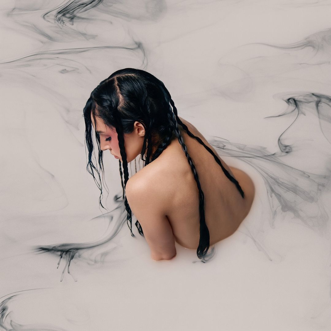 Artistic studio portrait of an adult female with black braided hair sitting in liquid with smoky grey texture.