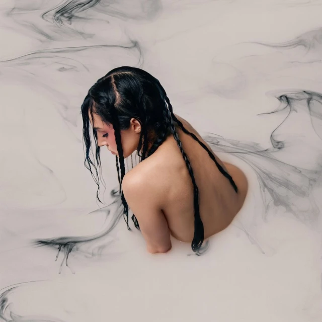 Artistic studio portrait of an adult female with black braided hair sitting in liquid with smoky grey texture.