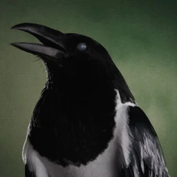 Profile view of a magpie with glossy black and white feathers and an open beak against a textured green background.