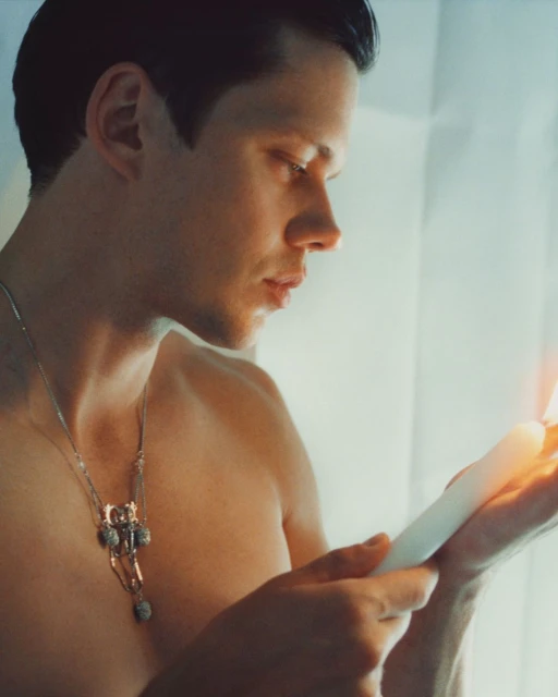 Profile shot of a shirtless adult male holding a white candle. He has short, dark hair and is wearing a silver necklace.