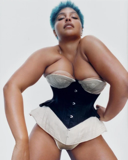 Eye-level studio shot of an adult female model with blue hair, posing in a black and beige corset against a white backdrop. 