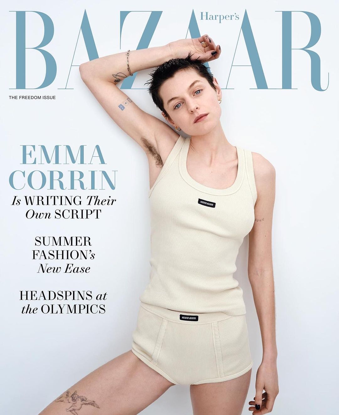 Emma Corrin on Harper's Bazaar cover wearing a cream-colored tank top and briefs set against a plain white background with magazine text.