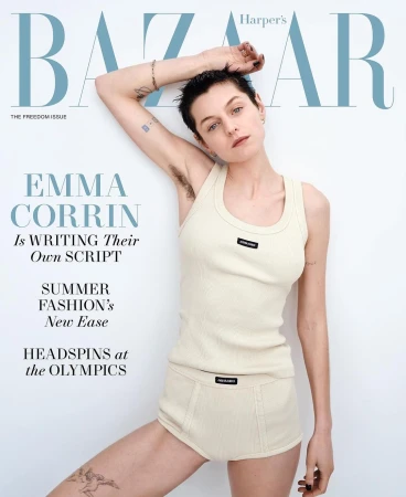 Emma Corrin on Harper's Bazaar cover wearing a cream-colored tank top and briefs set against a plain white background with magazine text.