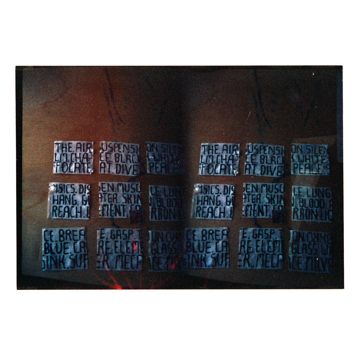Abstract art piece featuring multiple aligned blocks with superimposed text in dark blue against a blurry, textured backdrop of brown and black.