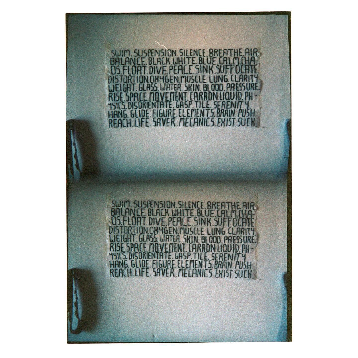 Abstract image featuring two identical blocks of text listing words associated with water, air, and mechanics, printed on a textured background.