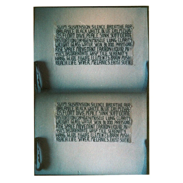 Abstract image featuring two identical blocks of text listing words associated with water, air, and mechanics, printed on a textured background.