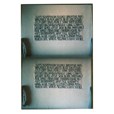 Abstract image featuring two identical blocks of text listing words associated with water, air, and mechanics, printed on a textured background.
