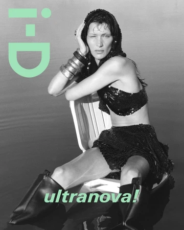 Magazine cover with a woman in a sequined outfit and boots sitting in water, featuring the i-D logo and the text 'ultranova!'