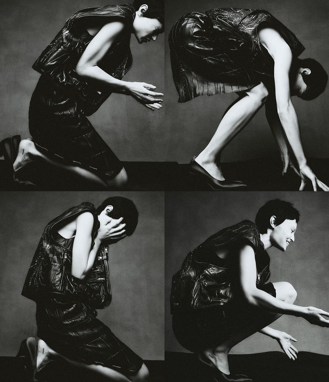 Monochrome fashion shot showcasing a person in dark, textured clothing in four different kneeling or crouching poses against a dark grey background.
