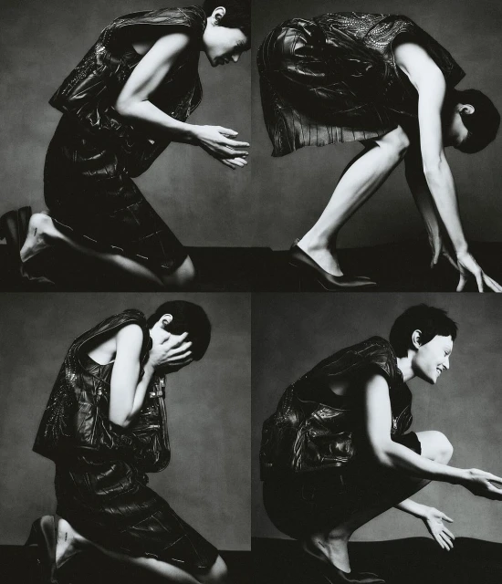 Monochrome fashion shot showcasing a person in dark, textured clothing in four different kneeling or crouching poses against a dark grey background.