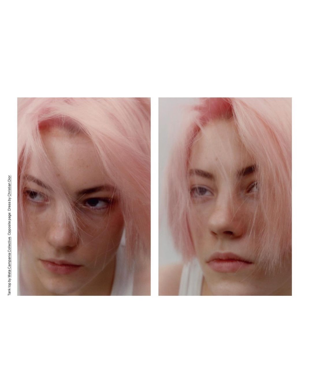 Two close-up portraits of a young adult female model with short pink hair. The model is wearing a white top and has a neutral expression.