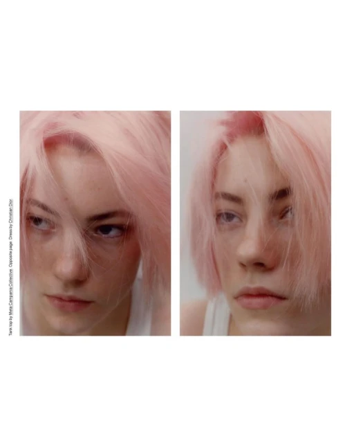Two close-up portraits of a young adult female model with short pink hair. The model is wearing a white top and has a neutral expression.