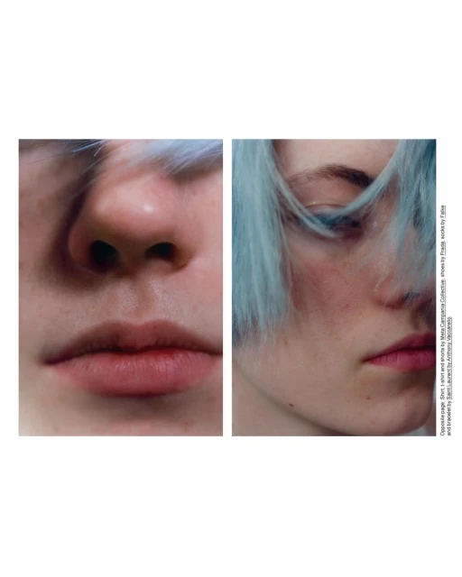 Close-up diptych of a young adult female face featuring blue tinted hair, shot in a photo studio. Focus is on the skin texture.