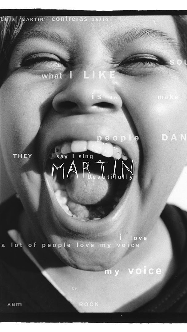 Close-up black and white portrait of a child yelling with open mouth, overlaid with various words and phrases in a typographic design.