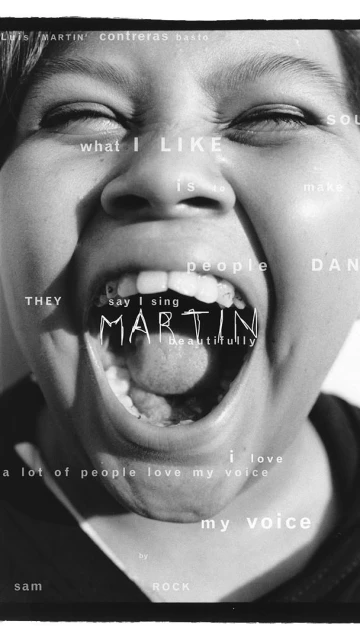 Close-up black and white portrait of a child yelling with open mouth, overlaid with various words and phrases in a typographic design.