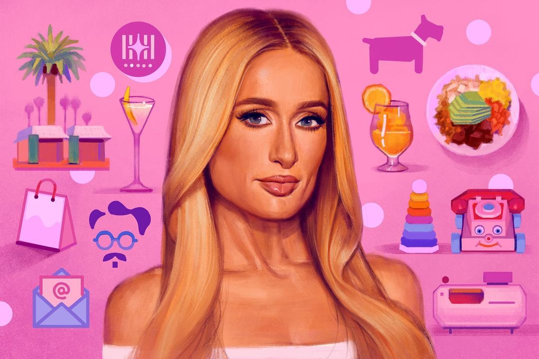 Digital art portrait of a blonde woman surrounded by pink backdrop and cartoon objects: cocktail, food, toys, and email.