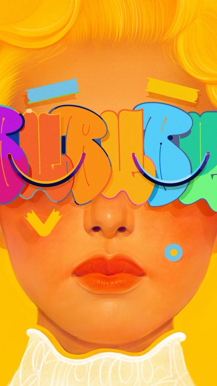 Illustration of a person with light skin and blond hair, colorful shapes, and bold letters over the face against a yellow backdrop.