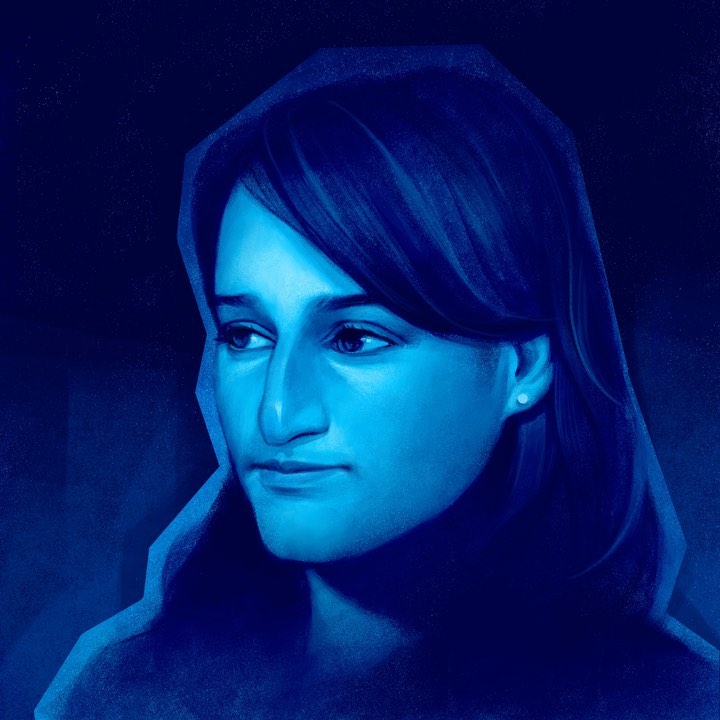 Blue-toned painting of a young woman in three-quarter view, facing left, with short hair, wearing a subtle earring, against a dark backdrop.