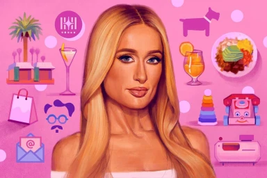 Illustration portrait of Paris Hilton by Sam Rodriguez against a vibrant pink background with various lifestyle icon graphics