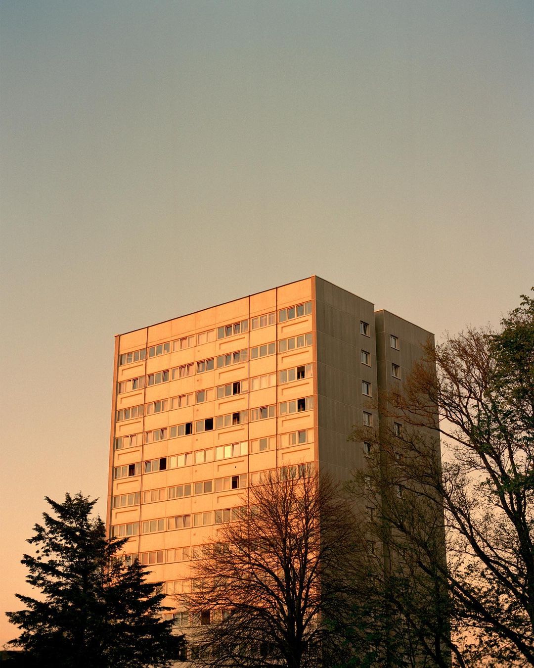 High-rise apartment building rises prominently in an urban setting, framed by silhouetted trees against a light blue and orange sky at dusk.