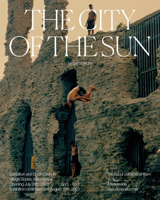 Three young men near a stone structure; one dives, one stands on top, and another stands below. The image advertises 'The City of the Sun'.