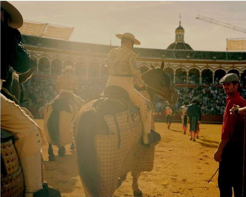 Equestrian performers with horses in ceremonial attire during a bullfight event in a sunlit outdoor arena with spectators.