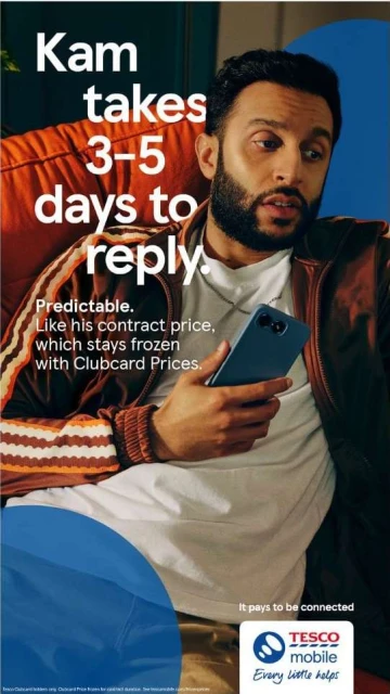 Man with a beard holds a cell phone and sits in a chair. Advertisement for Tesco Mobile with pricing details and the brand logo.