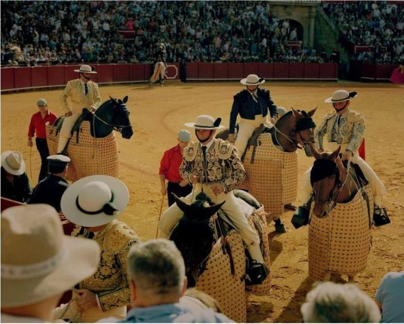 Bullfighters on horses in full regalia are positioned in a sandy arena, with a densely packed crowd visible in the background.