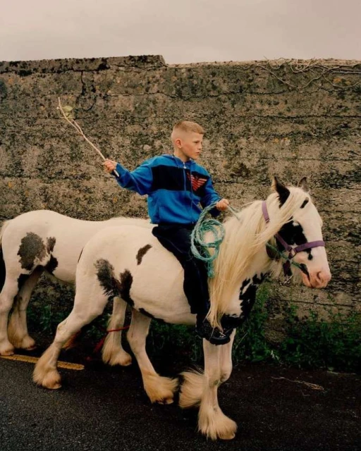 Boy riding a pinto horse along an asphalt road next to a stone wall, with another pinto horse partially visible, outdoors.