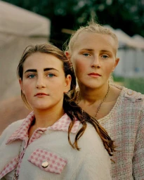 Two young women with blonde hair posing together outdoors, wearing textured white and pink patterned jackets.