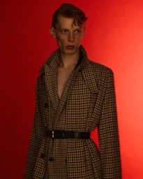 A young male model with red hair wearing a houndstooth belted trench coat against a solid red studio background.