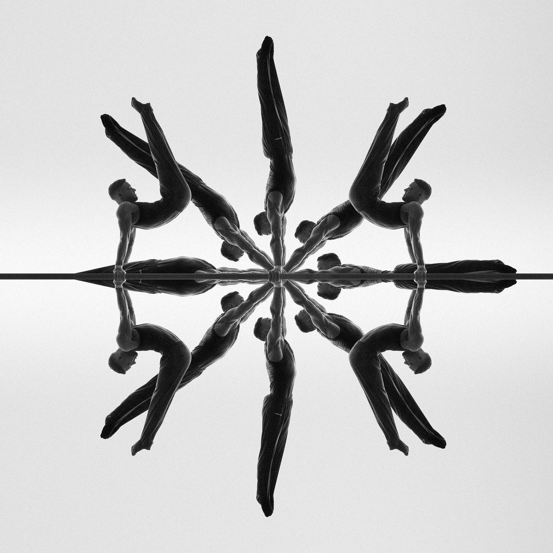 Monochrome kaleidoscopic shot of a man in a leotard doing gymnastics, showcasing balance, symmetry, and athleticism.