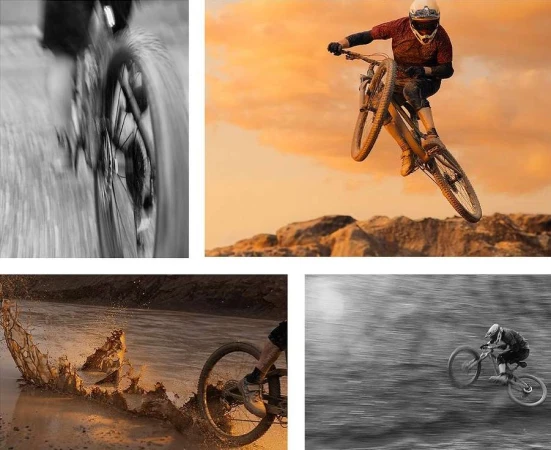 Action shot of a mountain biker in mid-air against an orange sky, with additional biking scenes showcasing speed and water splashes.