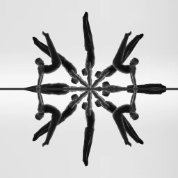 Symmetrical kaleidoscopic black and white photographic composition by Sandro Baebler featuring gymnasts